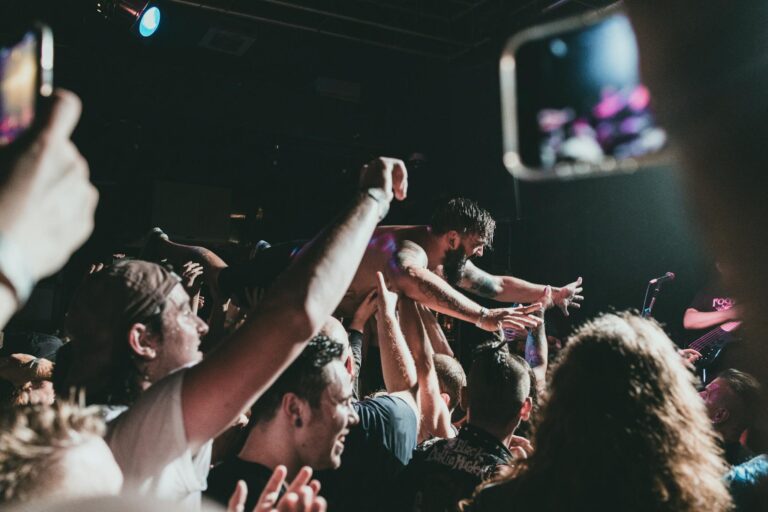 Vibrant concert scene with a musician crowd surfing under stage lights.